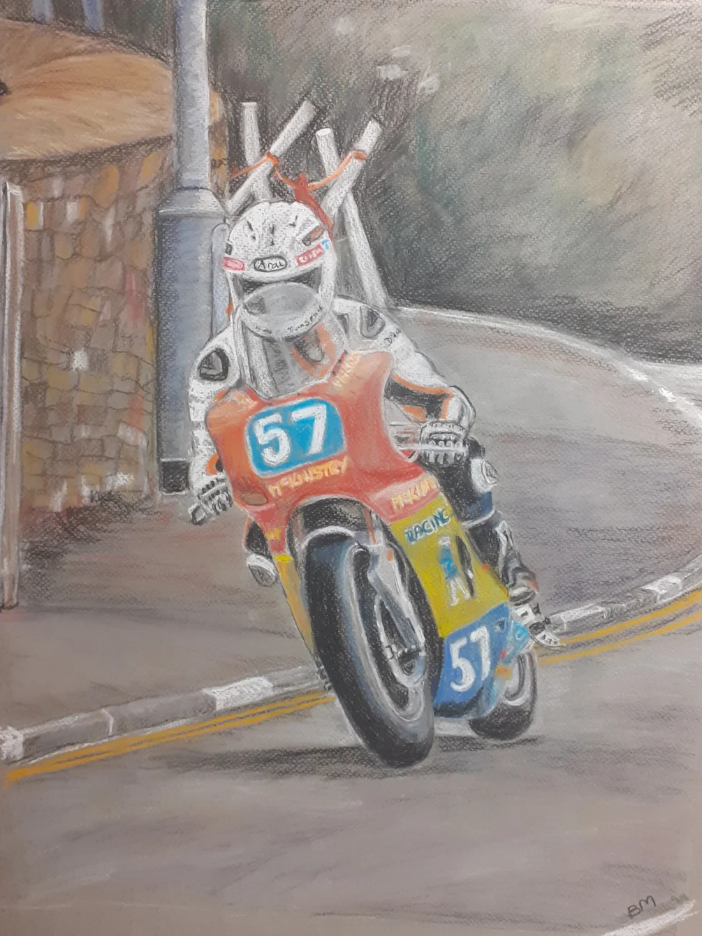 Owen Monaghan at Kirk Michael, Manx Grand Prix 2023 - Pastel pencils on grey Tiziano pastel paper - 5th August 2024 Owen Monaghan at Kirk Michael, Manx Grand Prix 2023 - Pastel pencils on grey Tiziano pastel paper - 5th August 2024