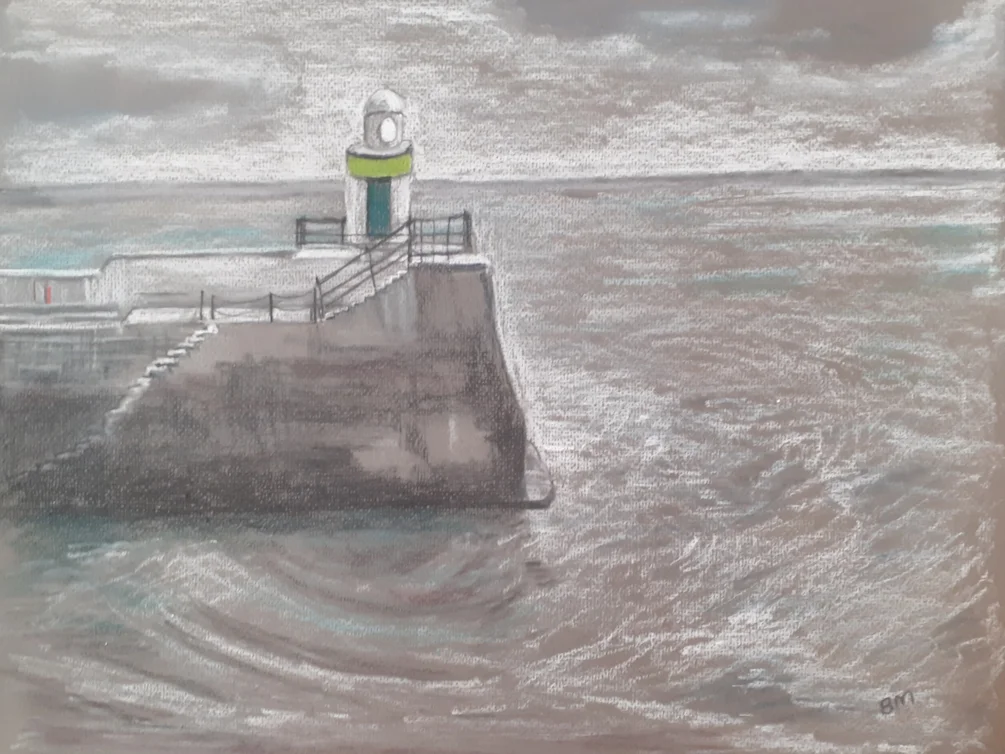Shining Sea - Laxey Harbour at Low Tide - Pastel Pencil on grey Jacksons paper, 9th September 2023 Shining Sea - Laxey Harbour at Low Tide - Pastel Pencil on grey Jacksons paper, 9th September 2023