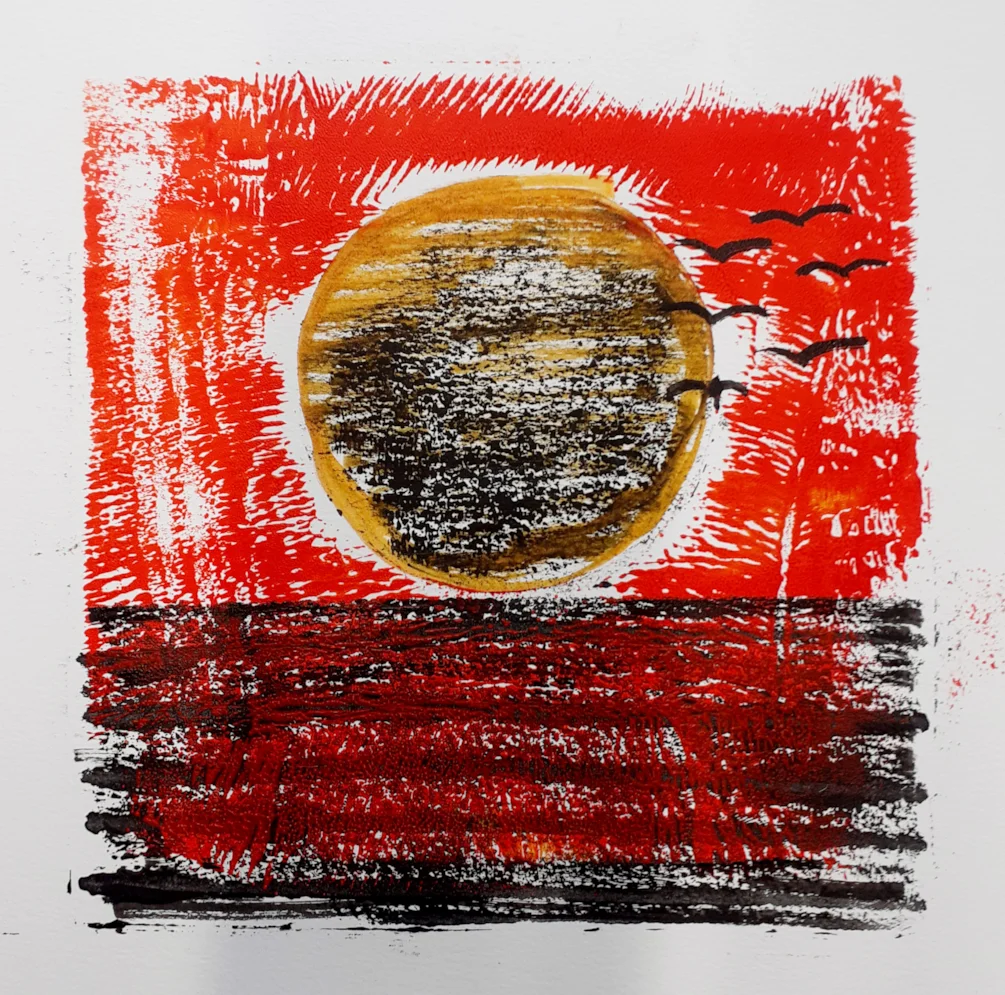Sunset 2 - Mixed media (monoprint coloured with water based brush pen) 20th Sept 2023 Sunset 2 - Mixed media (monoprint coloured with water based brush pen) 20th Sept 2023