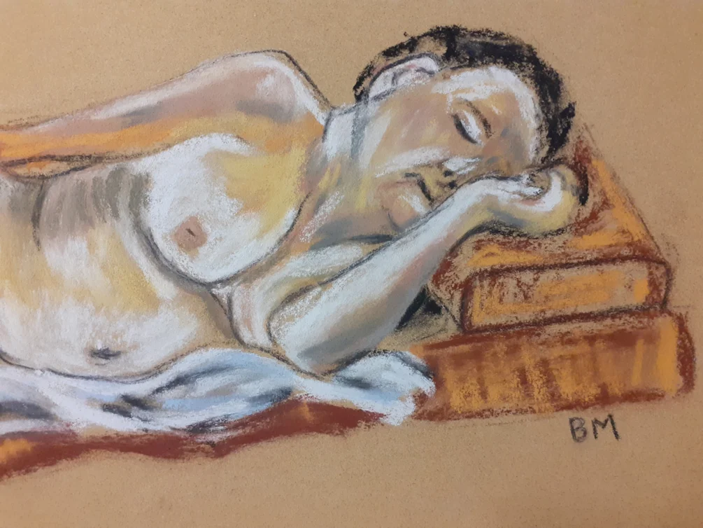 Tracey Asleep (Life Drawing) - Soft pastels and charcoal pencil on sand coloures Sennelier pastel paper - Jan 26th 2025 Tracey Asleep (Life Drawing) - Soft pastels and charcoal pencil on sand coloures Sennelier pastel paper - Jan 26th 2025