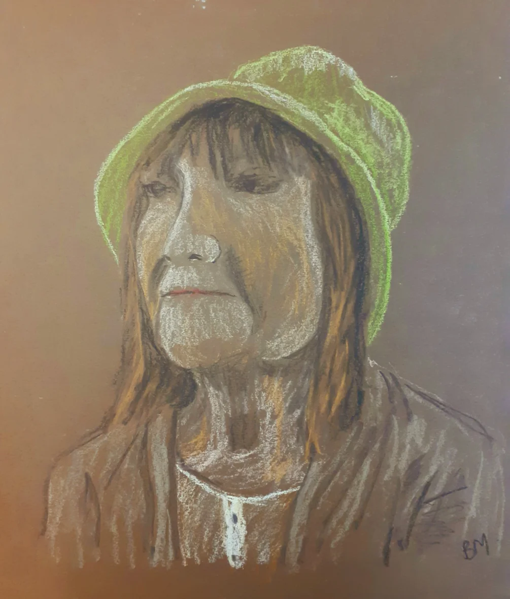 Trish in a Green Hat - Half Hour Study, Soft pastel and pastel pencil on brown mountboard, May 31st 2024 Trish in a Green Hat - Half Hour Study, Soft pastel and pastel pencil on brown mountboard, May 31st 2024