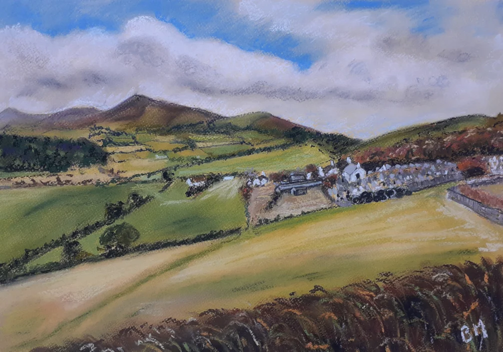 View from Maughold Head towards North Barrule and Slieu Lhen - Soft pastel and pastel pencil on yellow Tiziano pastel paper - 11th Sept 2024 View from Maughold Head towards North Barrule and Slieu Lhen - Soft pastel and pastel pencil on yellow Tiziano pastel paper - 11th Sept 2024