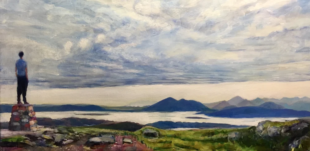 Top of the Pass of the Cattle near Applecross, overlooking the inner and outer Hebrides. Acrylic on 600x300 canvas Top of the Pass of the Cattle near Applecross, overlooking the inner and outer Hebrides. Acrylic on 600x300 canvas