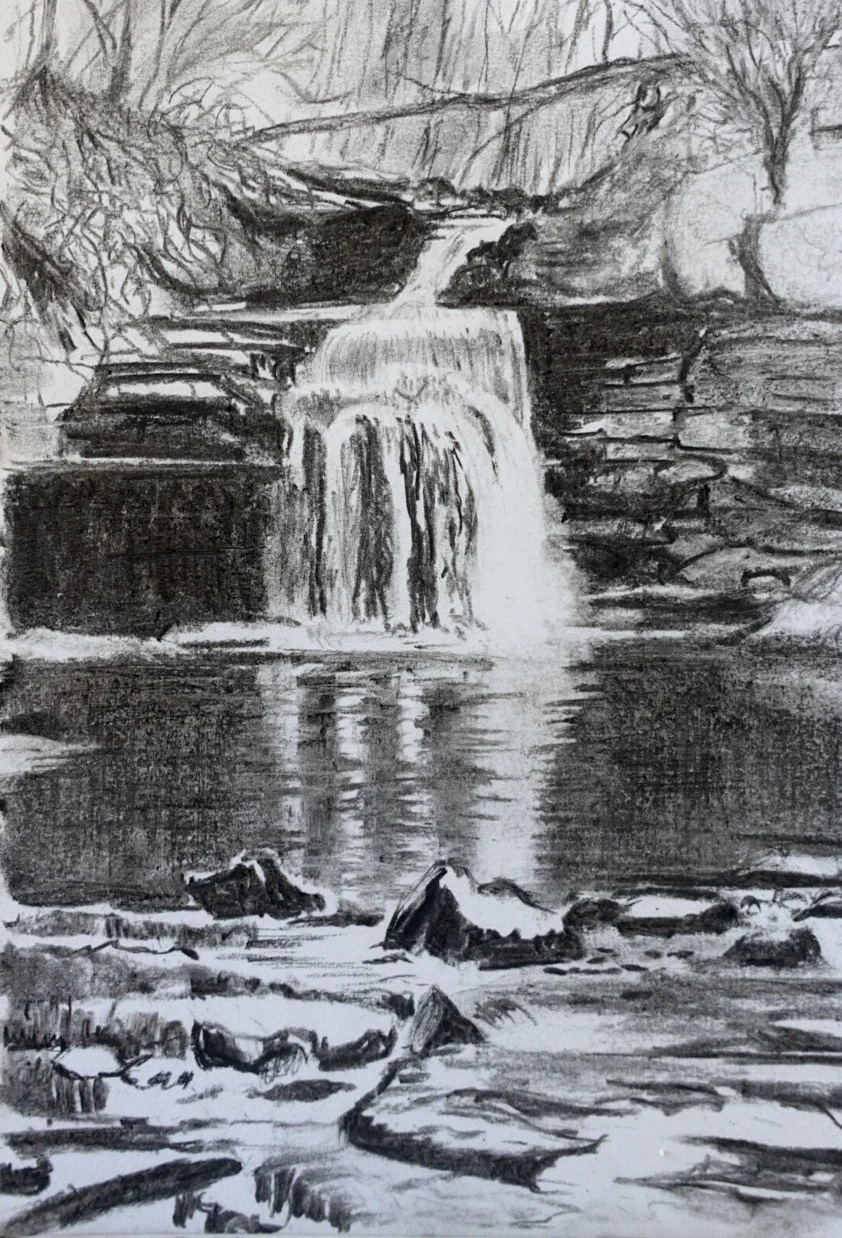 West Burton Falls, charcoal sketch West Burton Falls, charcoal sketch