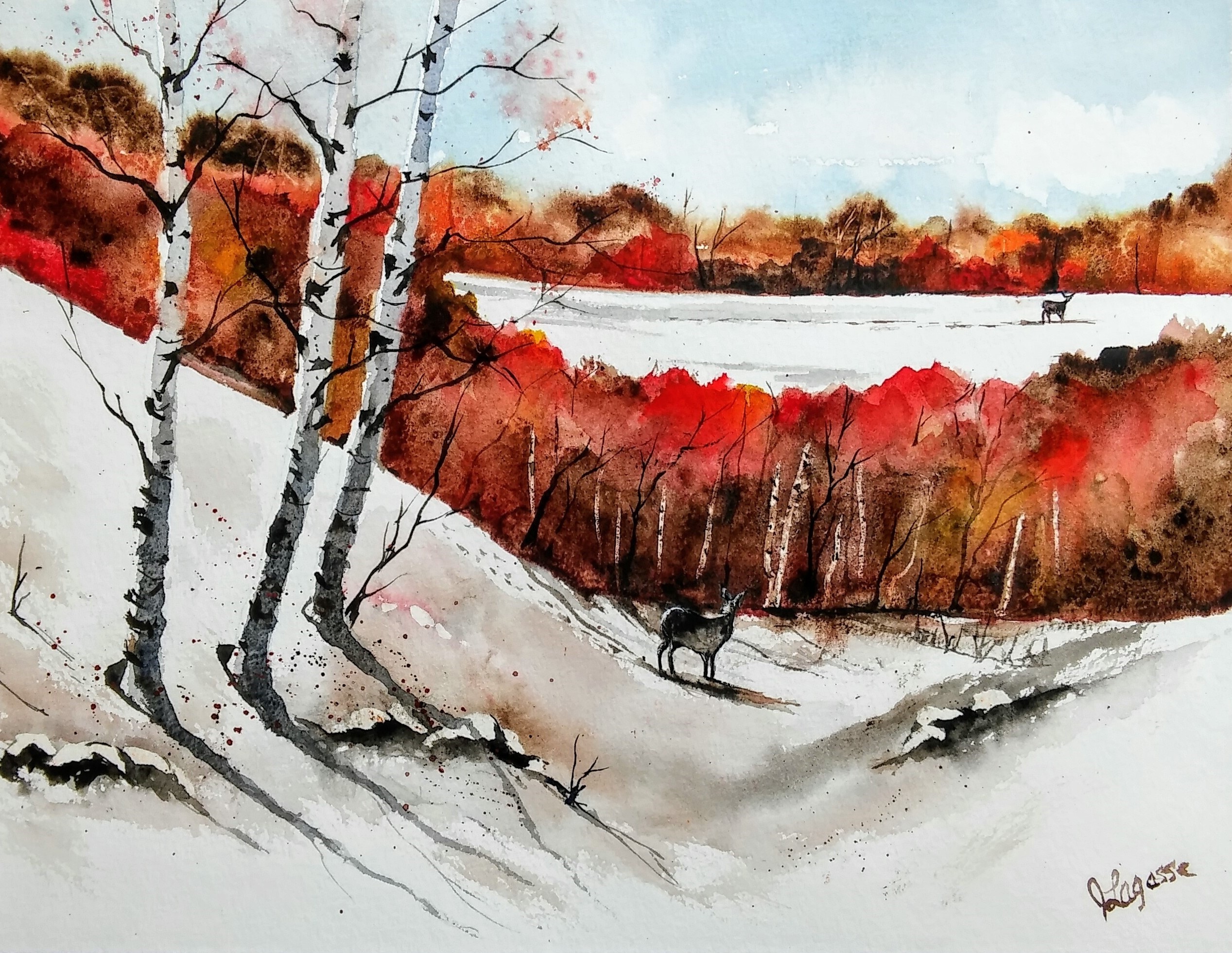 Autumn Painting, New England painting, watercolor painting, painting, original art, birch tree painting, deals jim lagasse, winter landscape