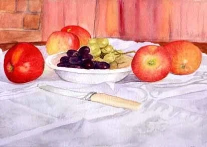 FRUIT AND BOWL WITH KNIFE ON CREASED CLOTH. FRUIT AND BOWL WITH KNIFE ON CREASED CLOTH.