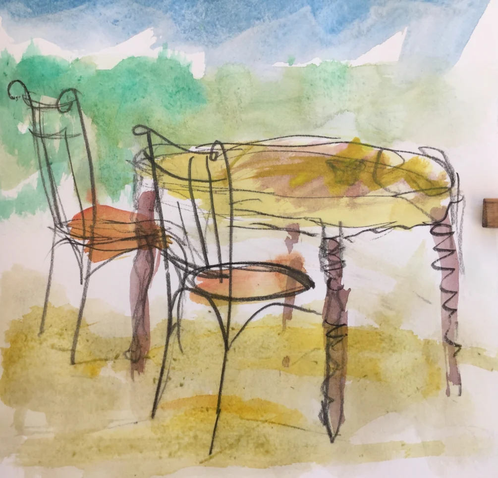 Table and chairs, Carozziere Sicily, water colour and conte pencil in A5 sketch book Table and chairs, Carozziere Sicily, water colour and conte pencil in A5 sketch book