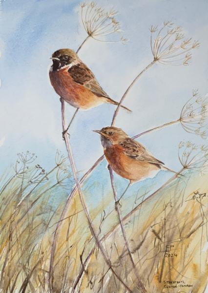 Fig 12 - Finished painting - Stonechats, Seaton Common