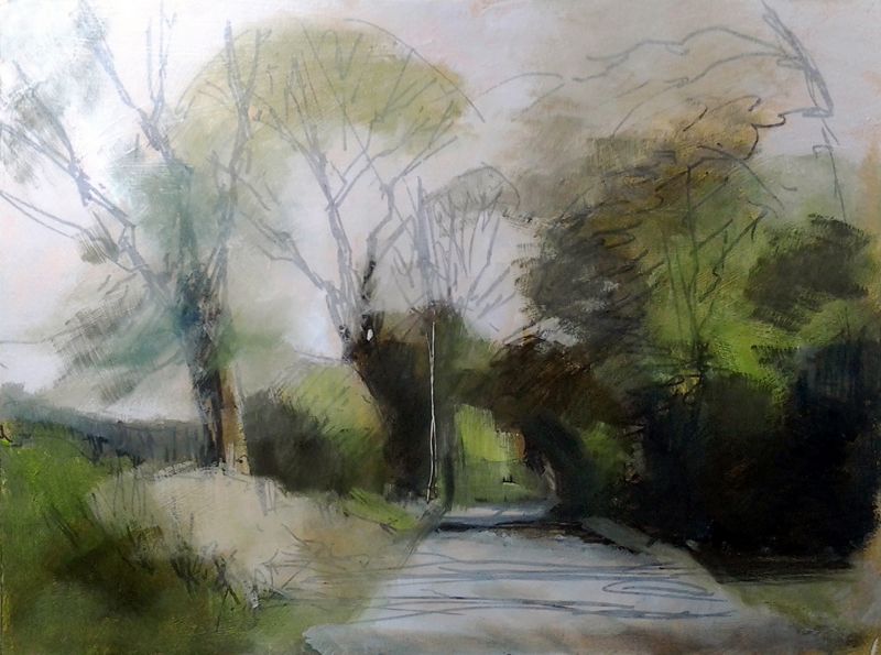 Paint an autumn landscape using two different mediums